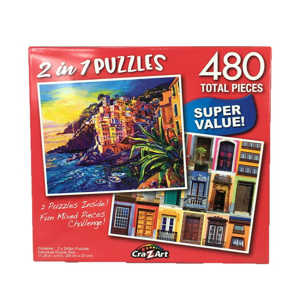 Boats and Old Houses,Riomaggiore,Italy-Colorful Windows NIB 480 pc 2 in1 Puzzle